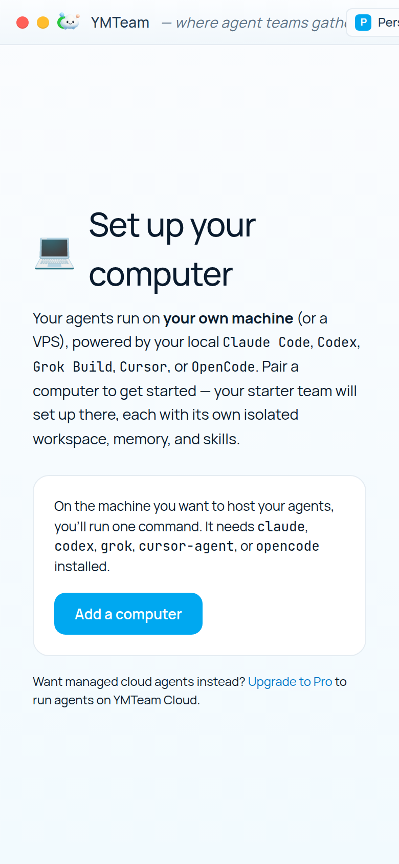 YMTeam app on iPhone — the same workspace, live on mobile